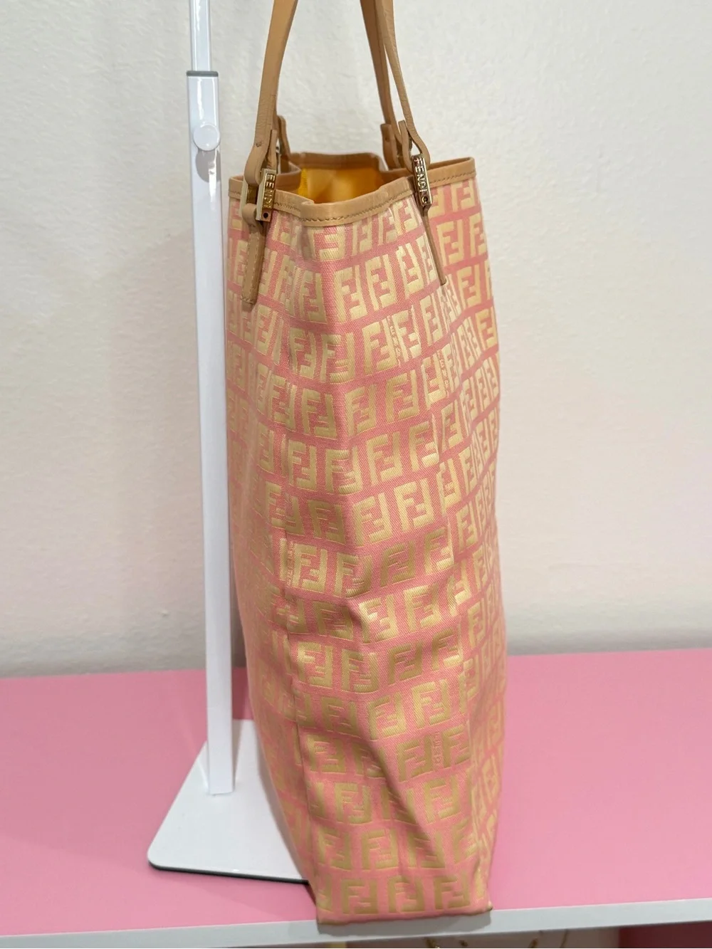 Fendi Pink and Tan Zucca Monogram Tote with Pouch